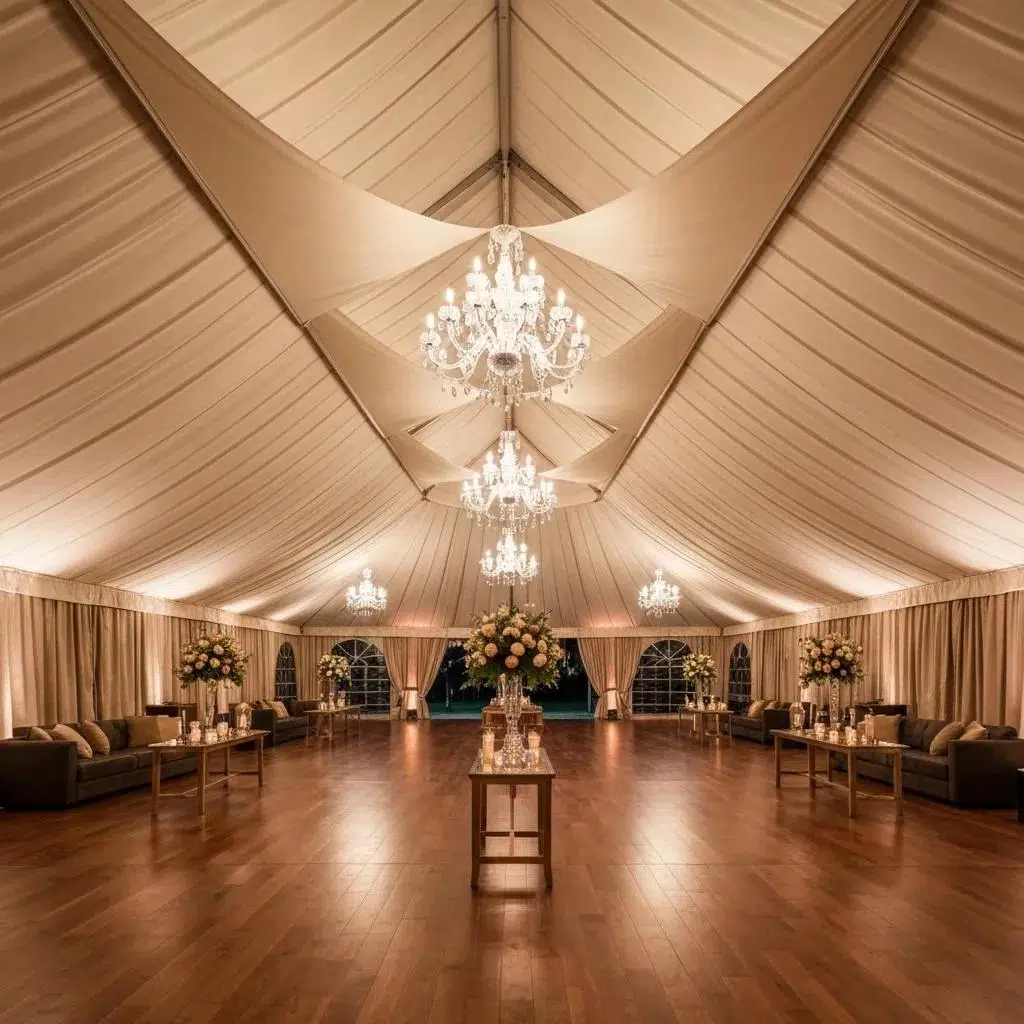 Interior view of a luxurious tent showcasing a sailcloth canopy, opulent chandeliers, and refined decorative elements