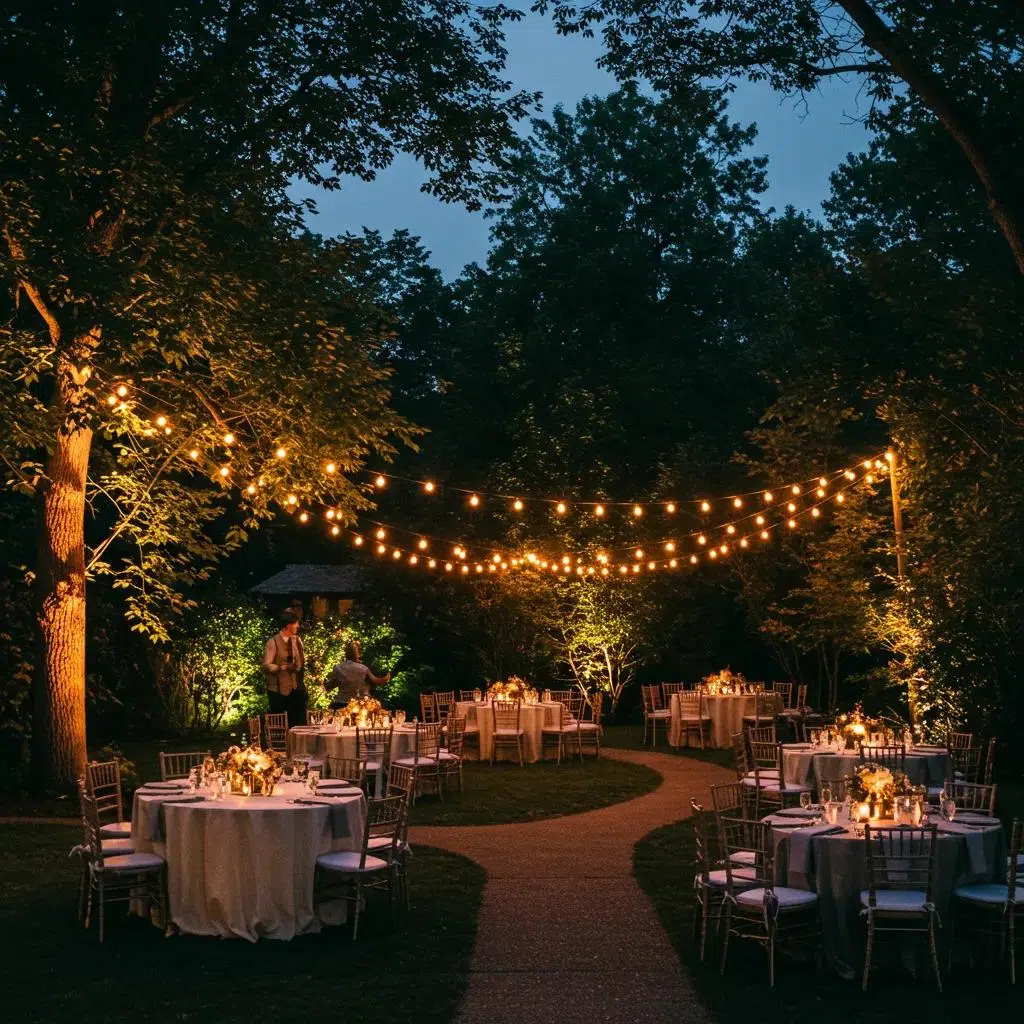 An enchanting outdoor event lighting setup featuring warm string lights and sophisticated uplighting
