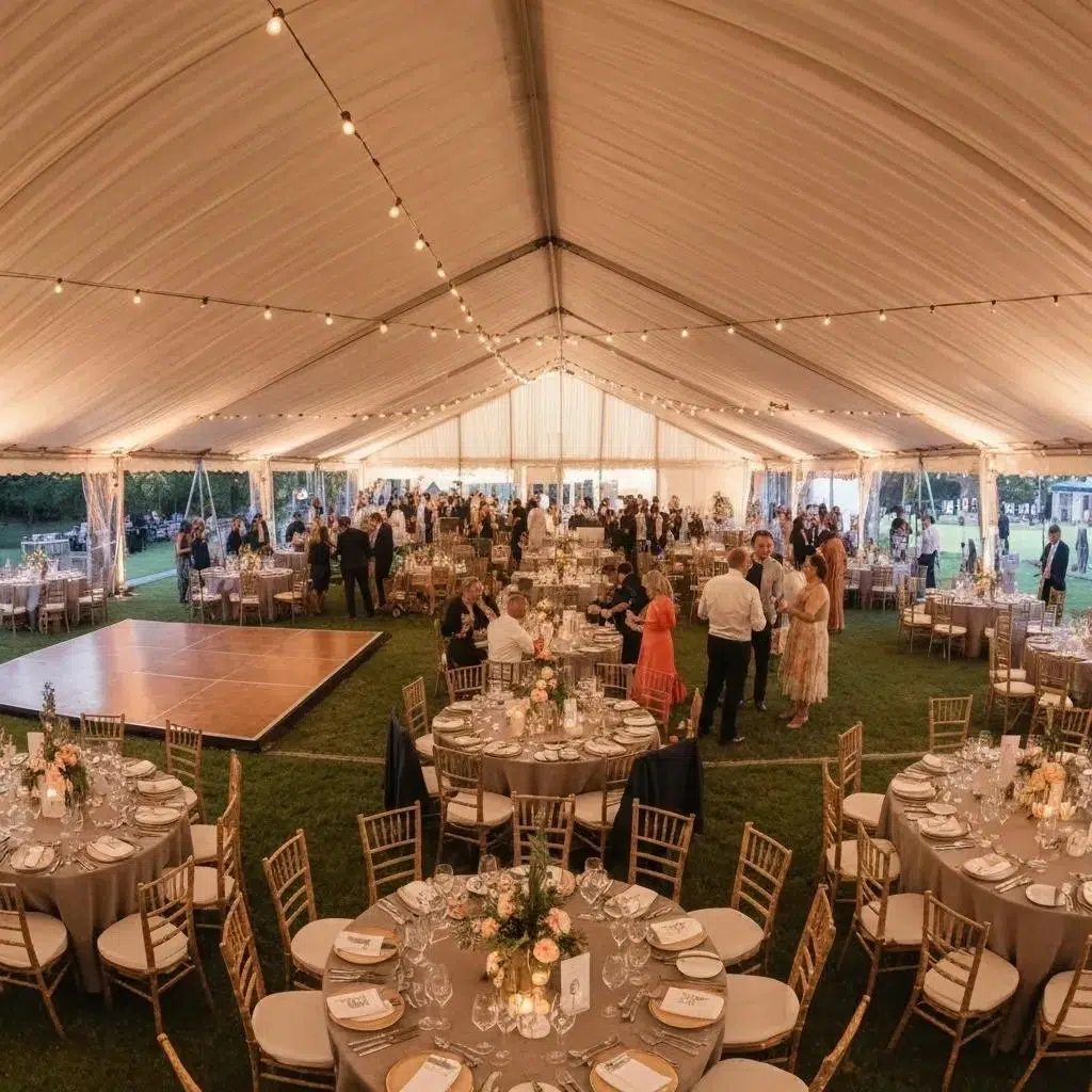 Outdoor event tent setup with dining and dance areas, showcasing festive atmosphere