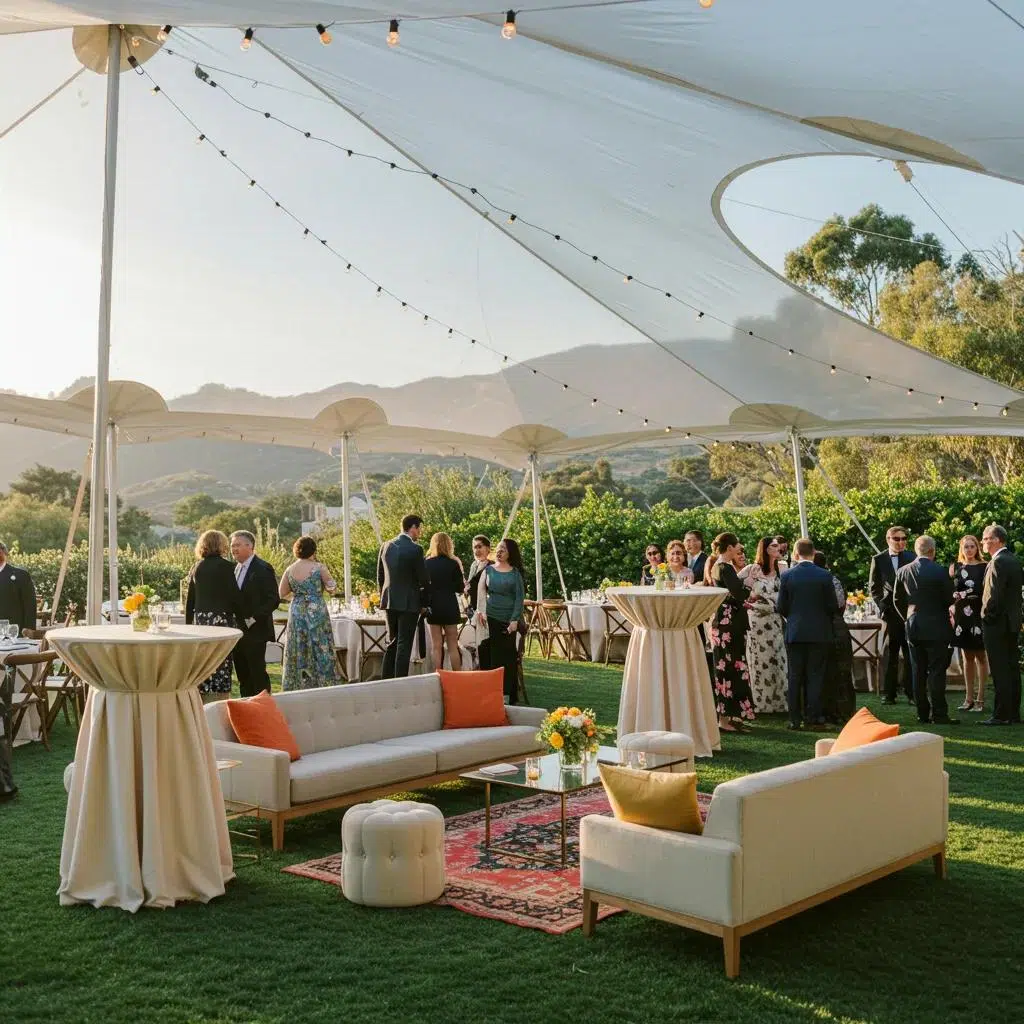 Outdoor gathering in Santa Barbara with a tent, elegant furniture, and guests enjoying the event
