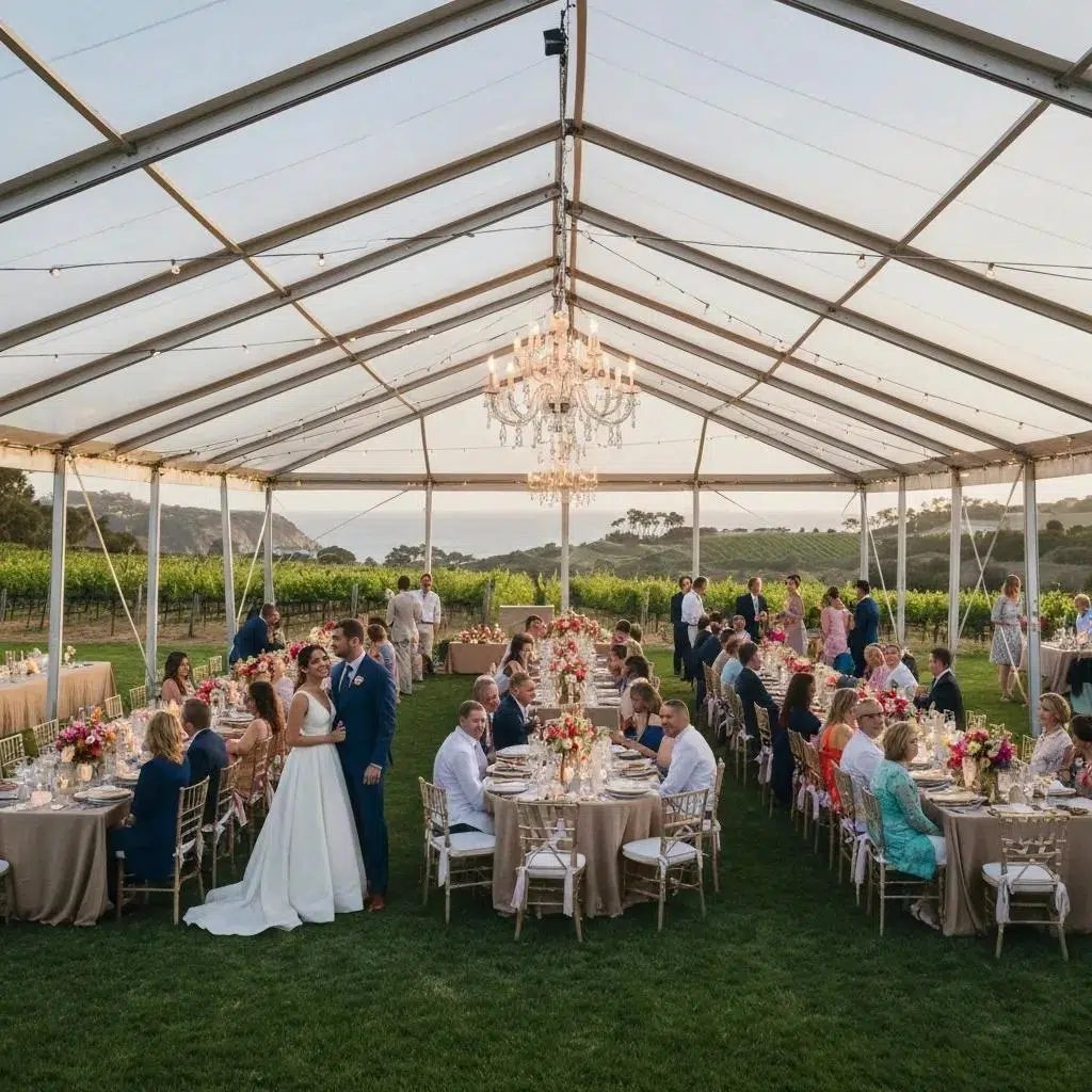 Outdoor wedding setup in Santa Barbara with clear tent and chandeliers, highlighting coastal views