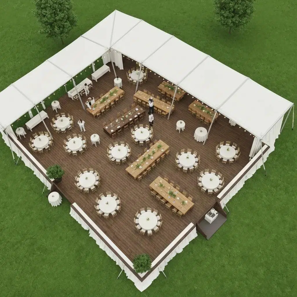 Aerial view of a tent interior showcasing well-organized seating arrangements with clear pathways and designated service areas