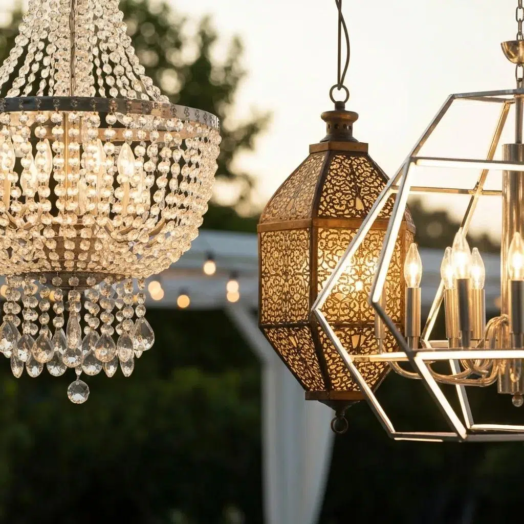 A showcase of popular chandelier styles for outdoor weddings in Santa Barbara, featuring crystal, wrought iron, and modern geometric designs