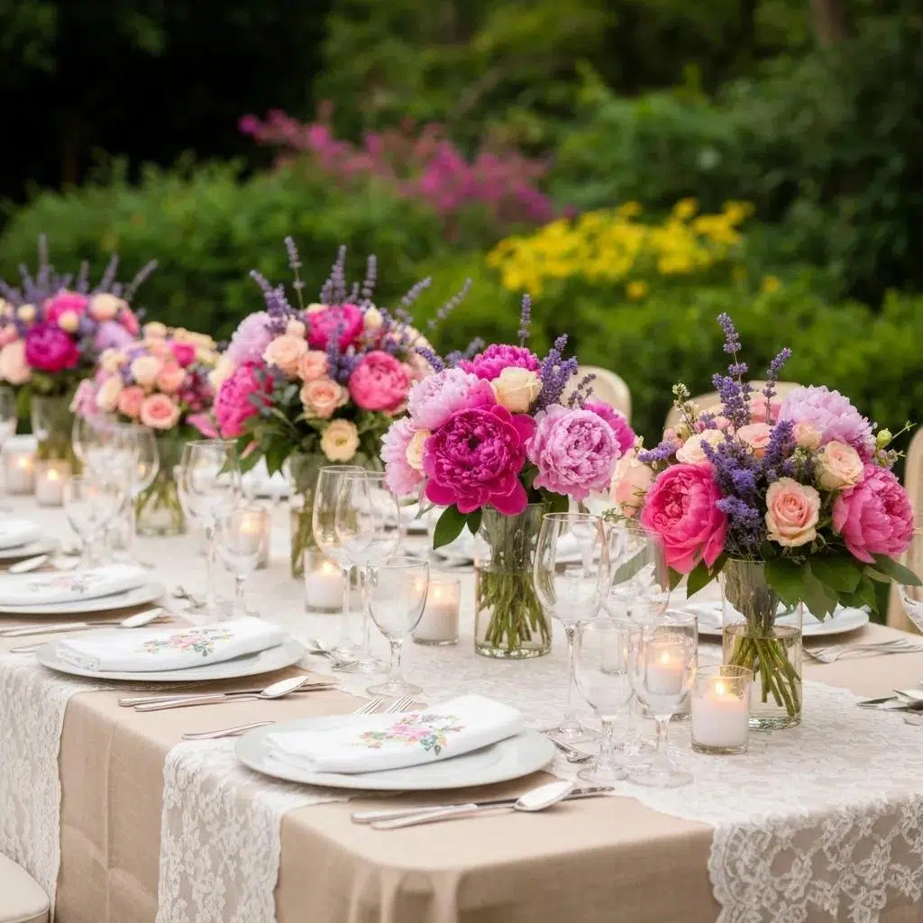 A romantic wedding table setting featuring personalized linens, enhancing the celebratory atmosphere