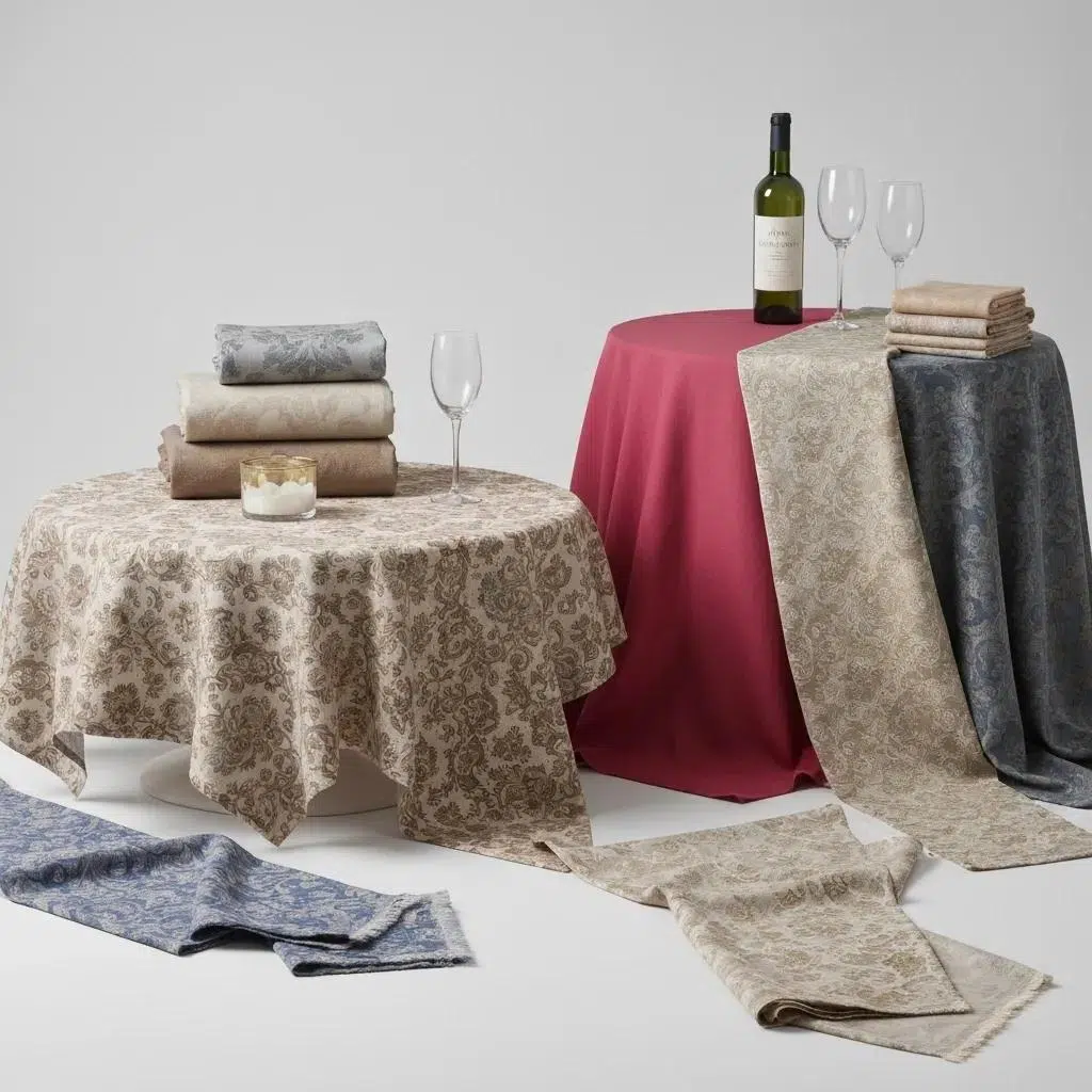 A diverse selection of custom linen rentals showcasing various fabrics and colors suitable for any event