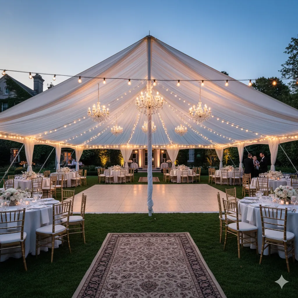 image of an outdoor wedding venue with tent and flooring