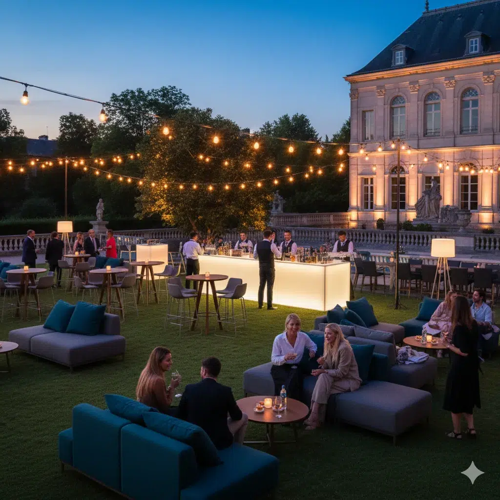 cocktail party setup with bar rental and sofas