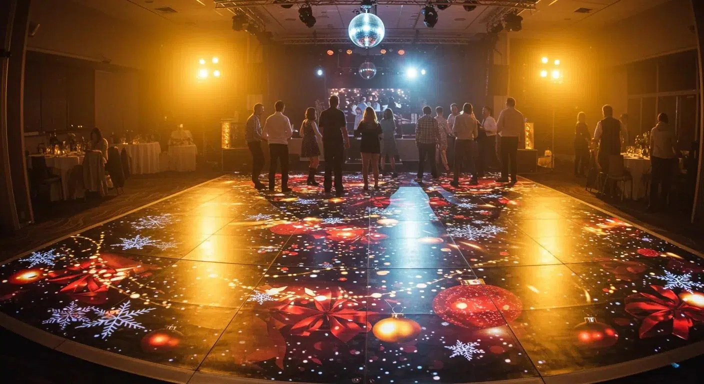 Custom vinyl dance floor with holiday-themed graphics, creating a unique and festive atmosphere for guests