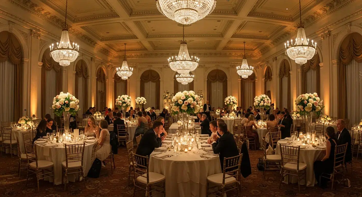 Elegant wedding reception bathed in warm uplighting, enhancing the romantic ambiance