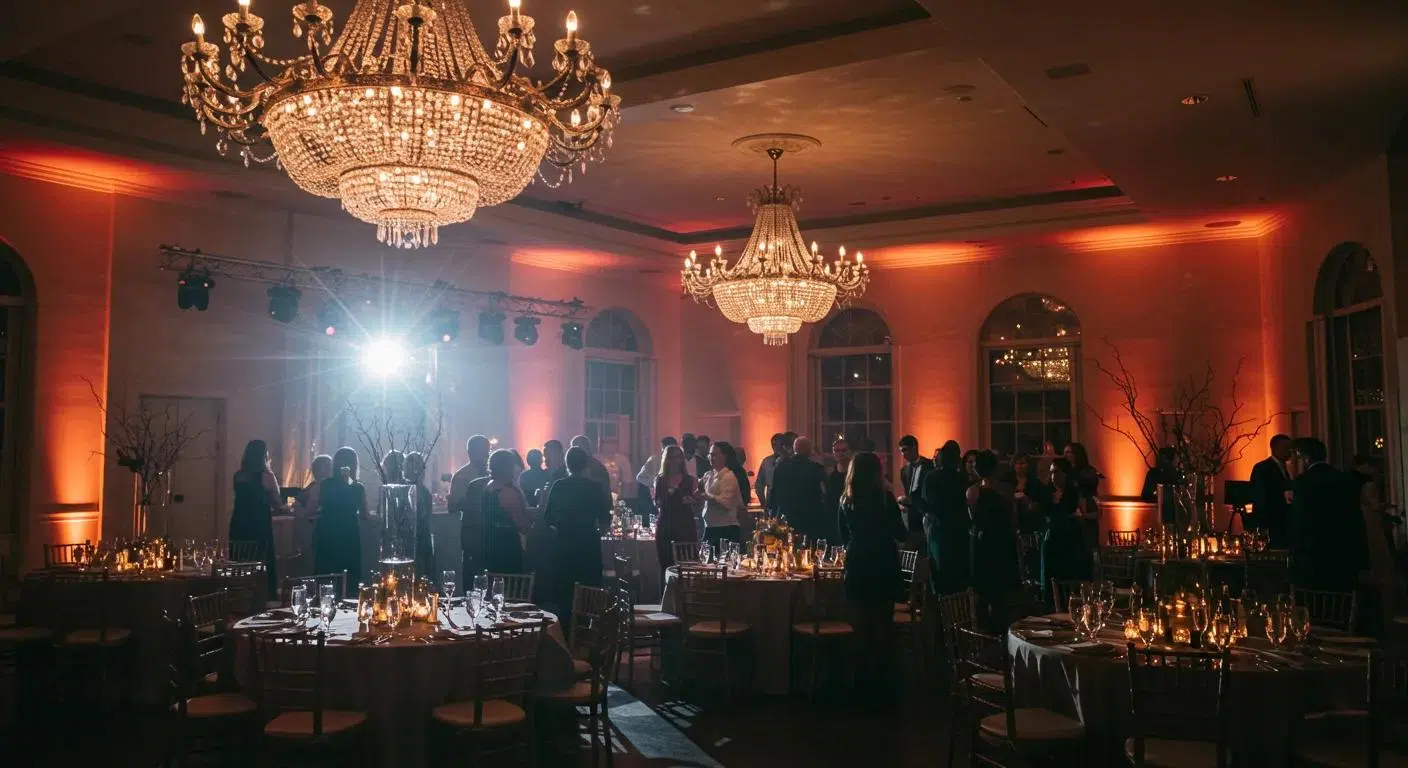 Popular statement lighting fixtures for Ventura holiday parties including chandeliers and LED uplighting