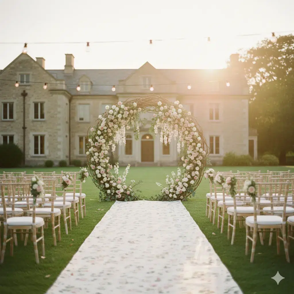 wedding with arches, runner and chairs