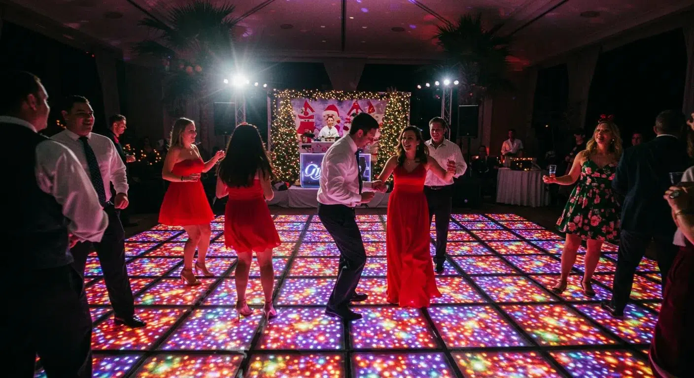 Dynamic LED dance floor enhancing holiday cheer at a Santa Barbara event, filled with colorful lights and dancing guests