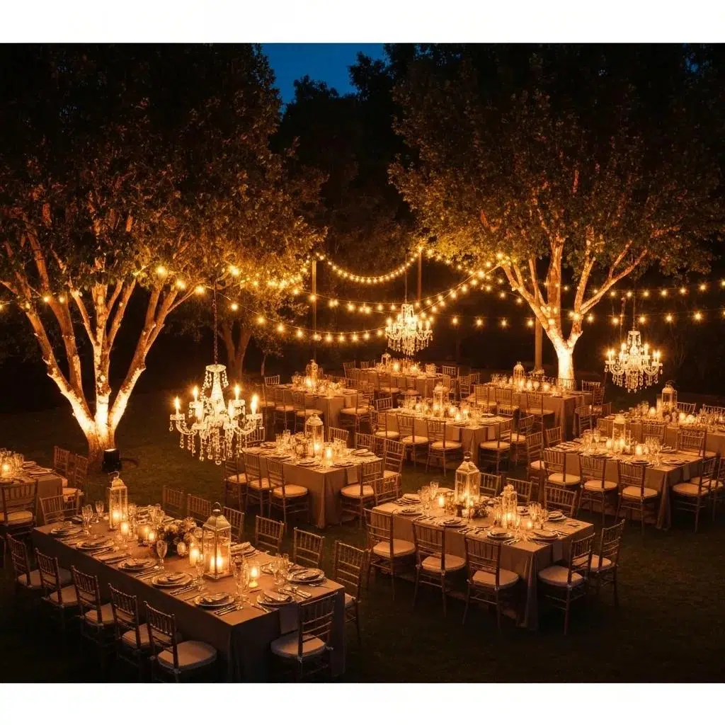 Ambient lighting solutions for Southern California parties including string lights and chandeliers