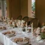 Intimate dining table with floral centerpieces and candles for a cozy venue setup.