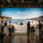 Branded backdrop at a Santa Barbara conference showcasing corporate logos and coastal design