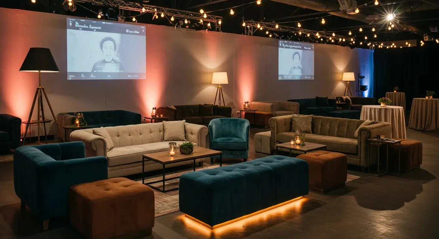 Explore customization options for lounge setups, including fabric choices and lighting accents for your event