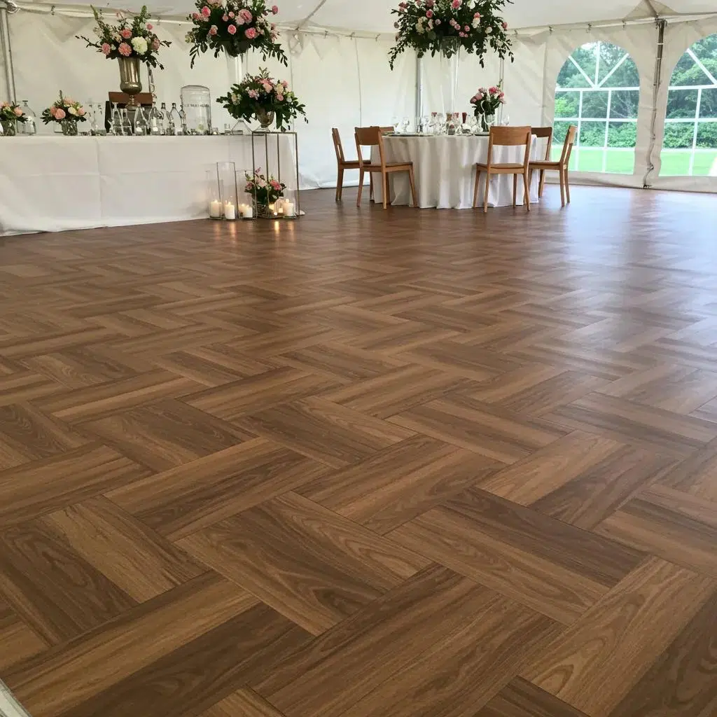 Detailed view of elegant wood flooring within a wedding tent, showcasing its natural grain and decorative touches