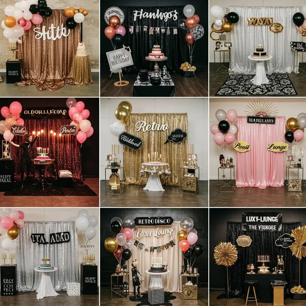 A collage showcasing popular milestone birthday themes with unique backdrops and props for 2025 celebrations