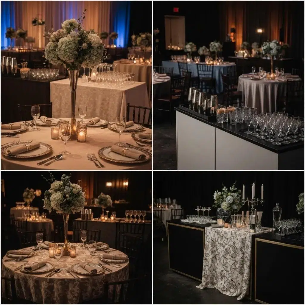 Complementary rental items for cocktail events, showcasing ambient lighting, linens, and bartending stations