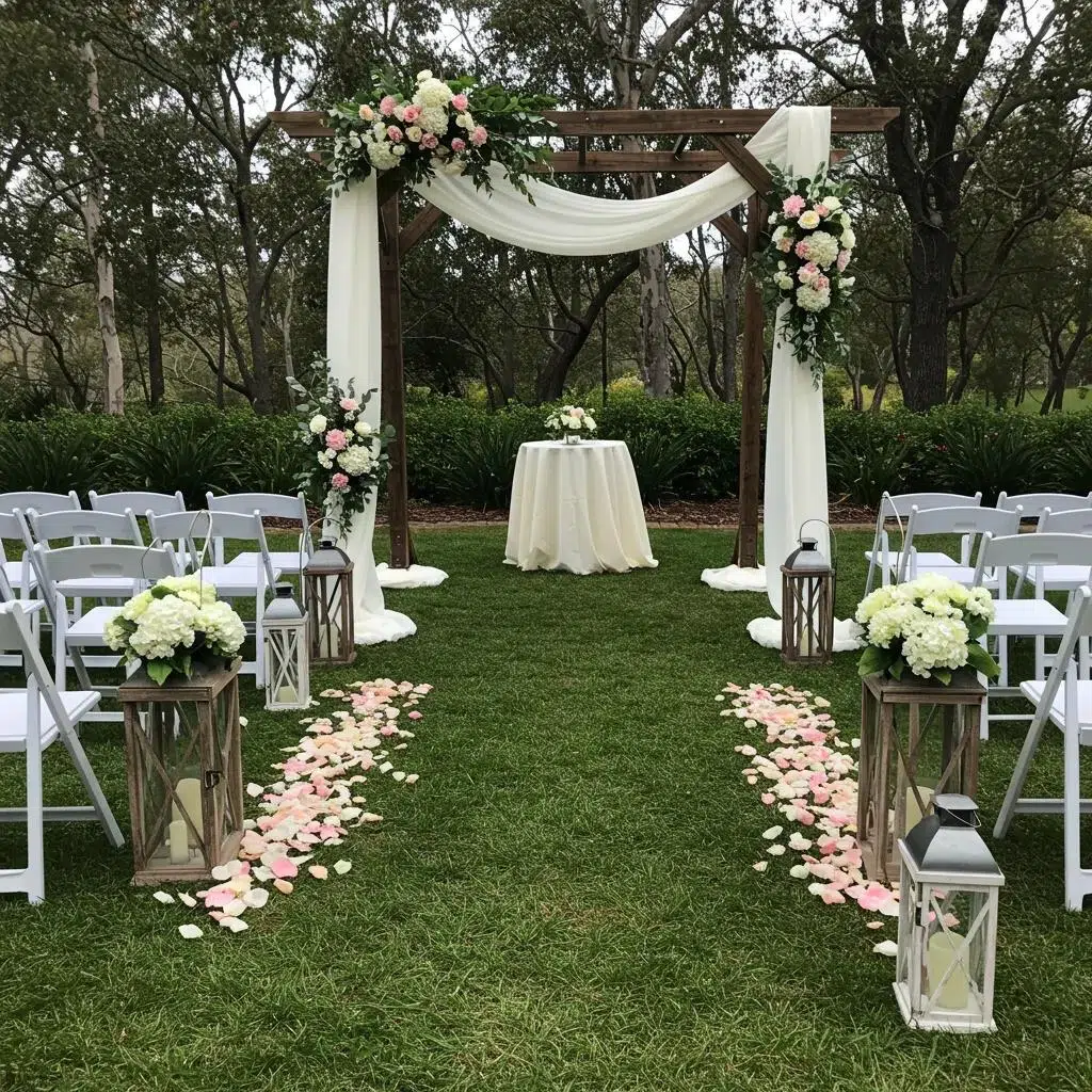 Complete wedding ceremony decor package including arch, aisle runner, and decorative accents