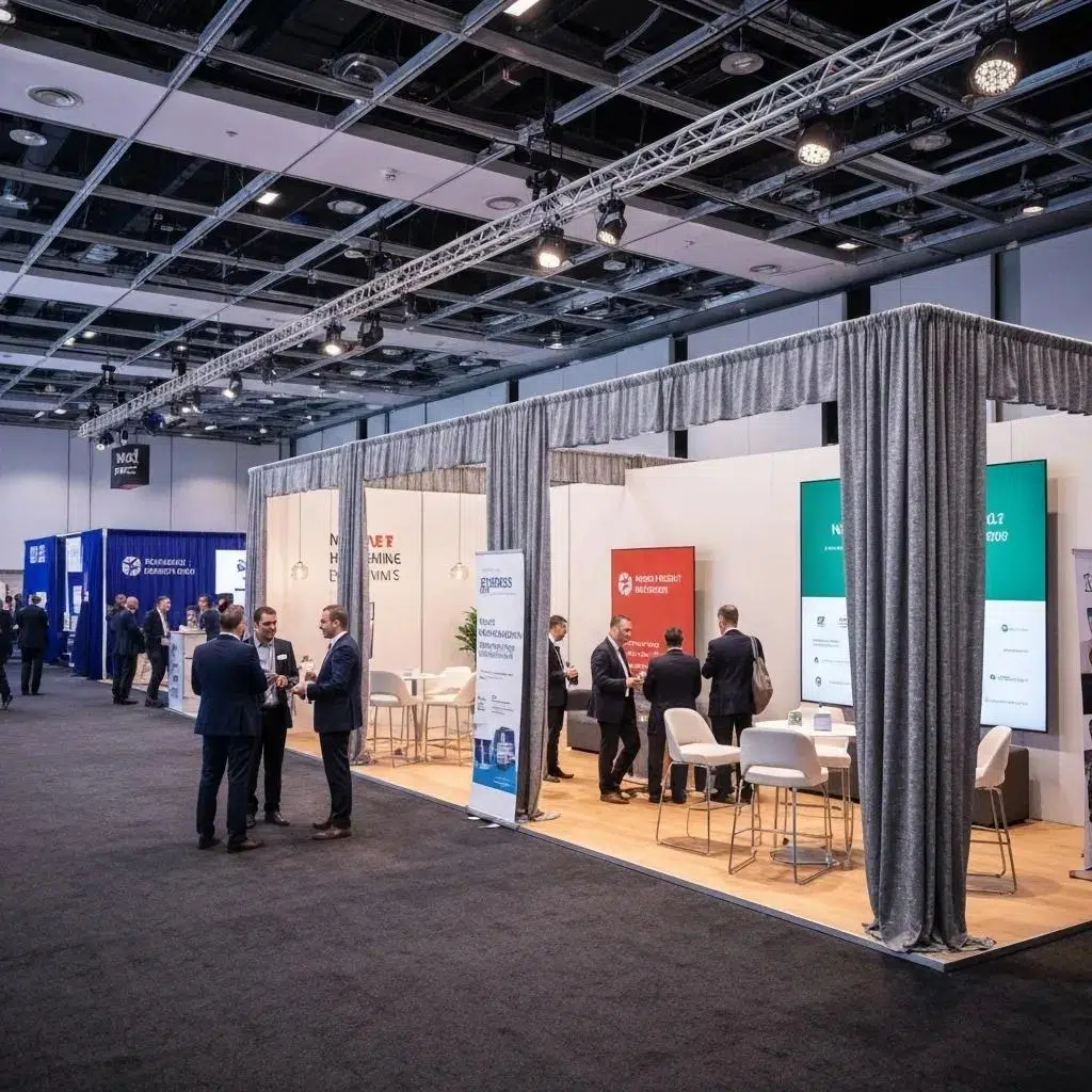 Corporate event space enhanced with branded fabric backdrops and partition drapes, boosting visibility and engagement