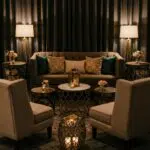 Cozy lounge area with velvet sofas and elegant decor for cocktail hours