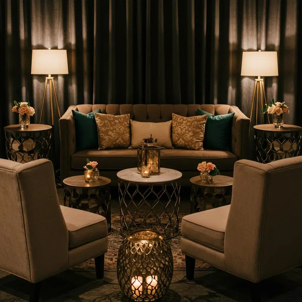 Cozy lounge area with velvet sofas and elegant decor for cocktail hours
