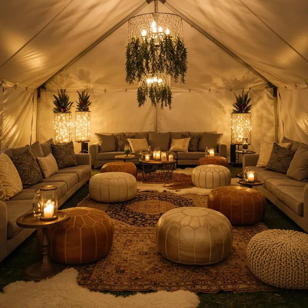 Cozy tent decor ideas with warm lighting and soft textiles for holiday gatherings