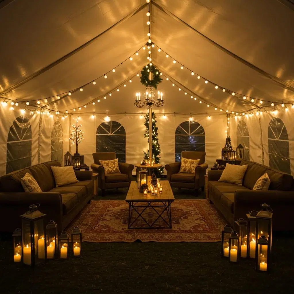 Cozy winter tent setup in Los Angeles with warm lighting and festive decorations