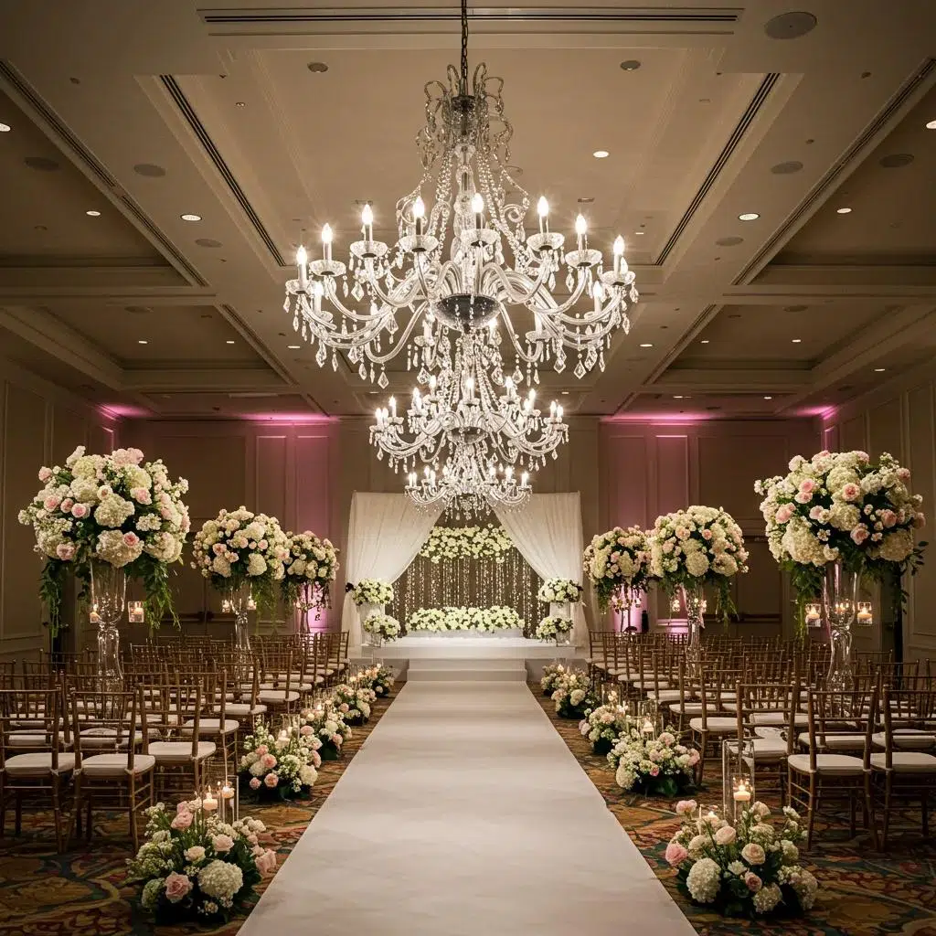 Crystal chandelier above a wedding aisle, adding elegance and sophistication to the ceremony