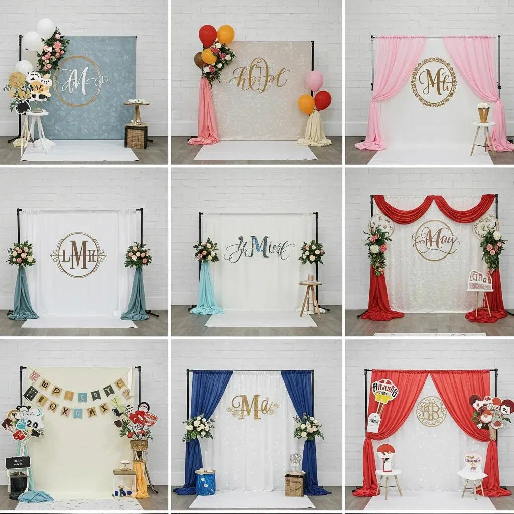 Customized birthday backdrops and props featuring personalized elements like monograms and color-coordinated fabrics