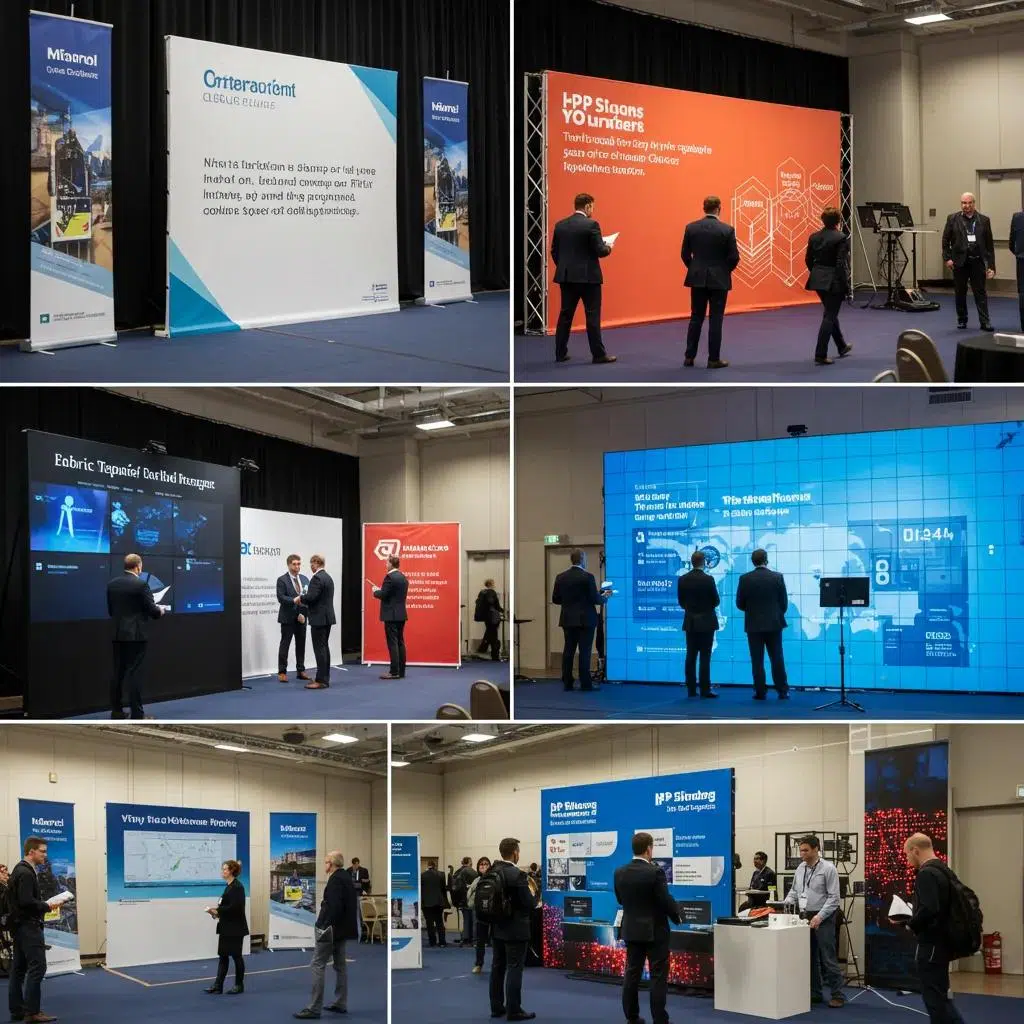 Various types of branded backdrops for corporate events displayed at a conference setting