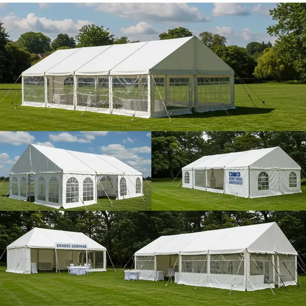Various tent styles for corporate events, highlighting clear span and frame tent options