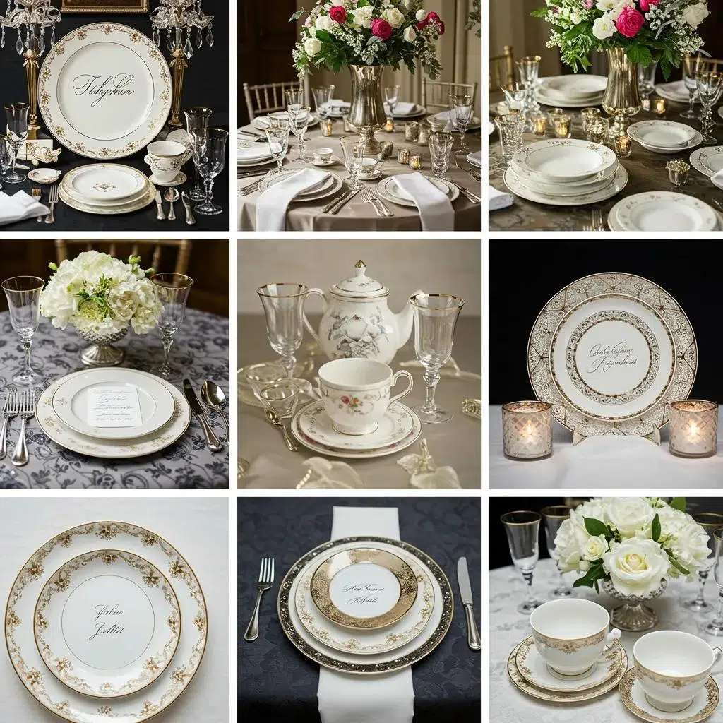 Display of luxury table rental items including couture linens and designer china for black-tie weddings