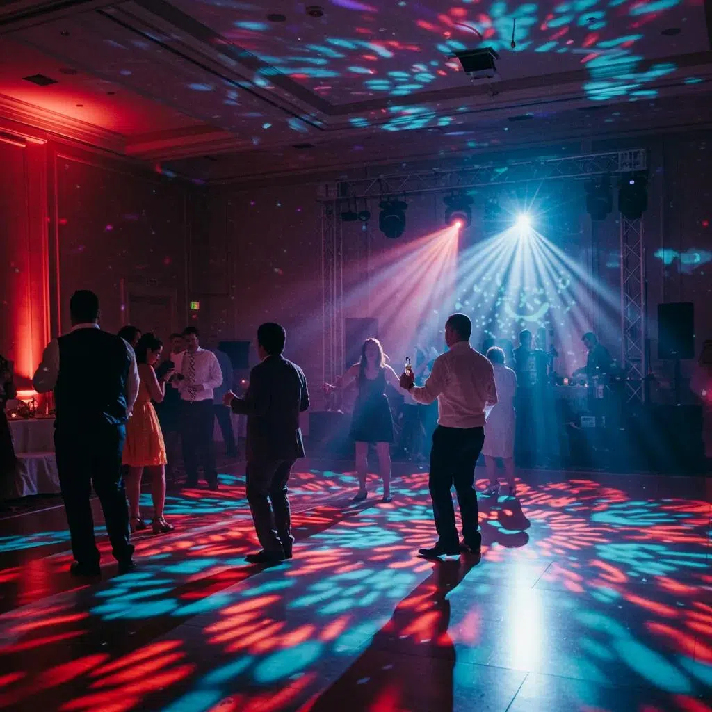 Dynamic dance floor illuminated by gobo projection and special effect lighting, creating an immersive experience