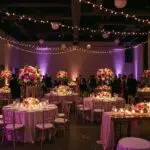 Dynamic wedding reception in Los Angeles with mixed table shapes and lively atmosphere