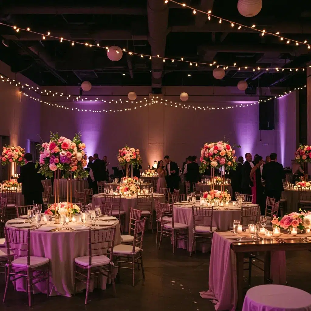 Dynamic wedding reception in Los Angeles with mixed table shapes and lively atmosphere