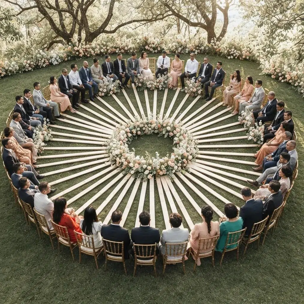 Dynamic wedding seating layout with chairs arranged in a circle around the altar, enhancing photo opportunities