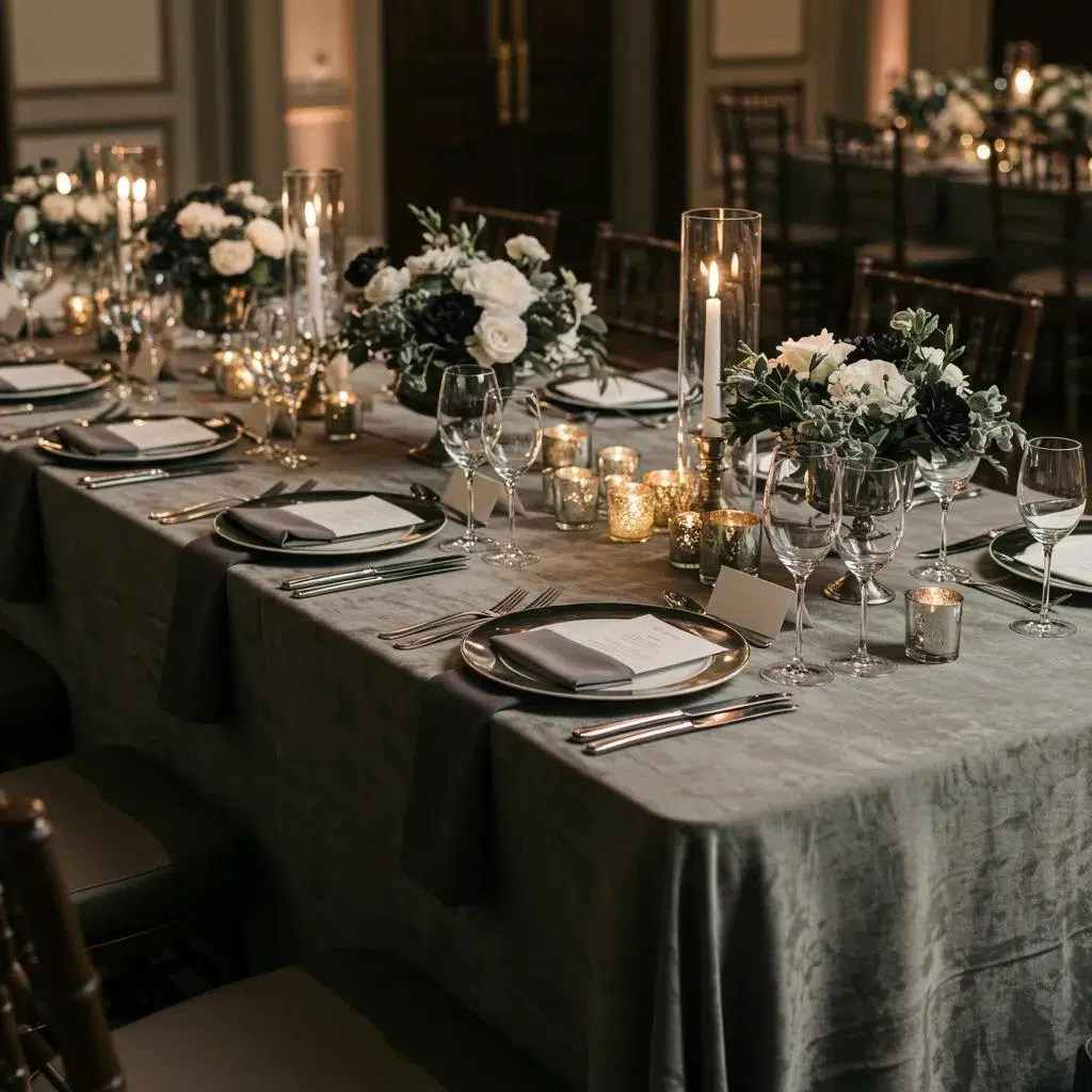 Elegant black-tie tablescape showcasing luxurious linens and polished flatware within a sophisticated venue