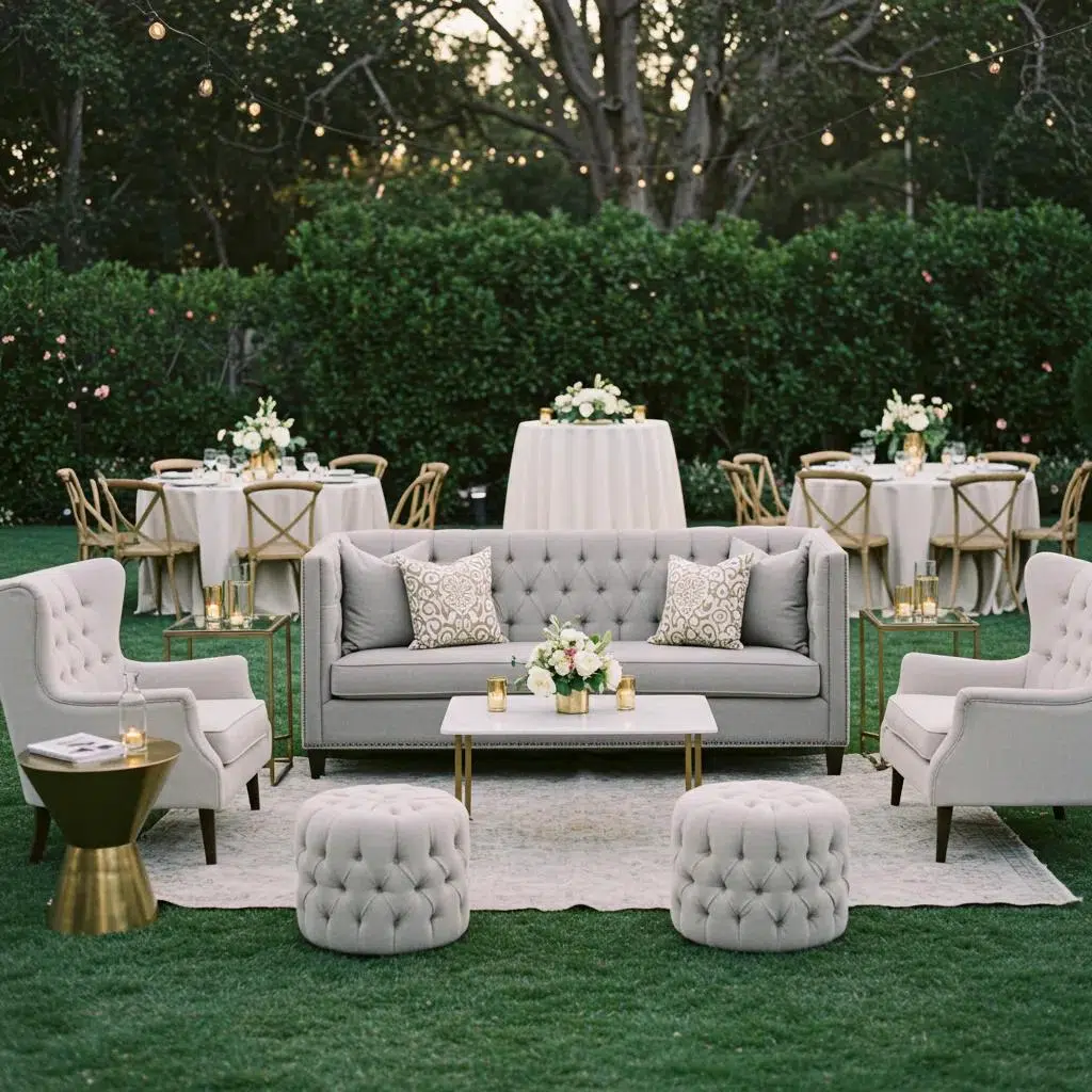 Elegant lounge setup with plush sofas and stylish chairs in a Santa Barbara outdoor venue