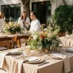 Elegant outdoor event table set with sustainable linens in Camarillo, showcasing eco-friendly textiles and natural decor