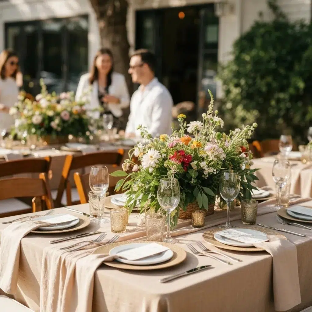 Elegant outdoor event table set with sustainable linens in Camarillo, showcasing eco-friendly textiles and natural decor