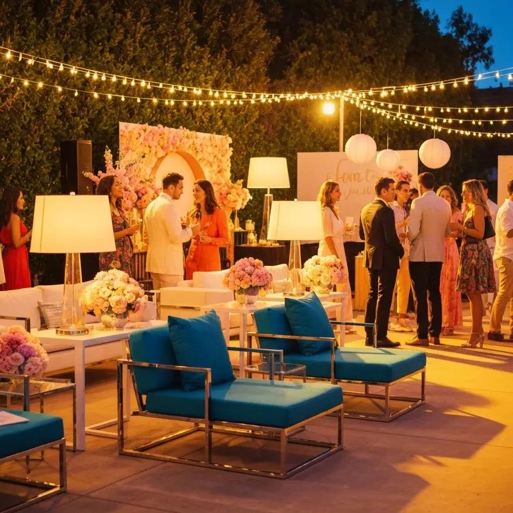 Elegant outdoor party setup in Southern California featuring stylish chairs and dynamic lighting