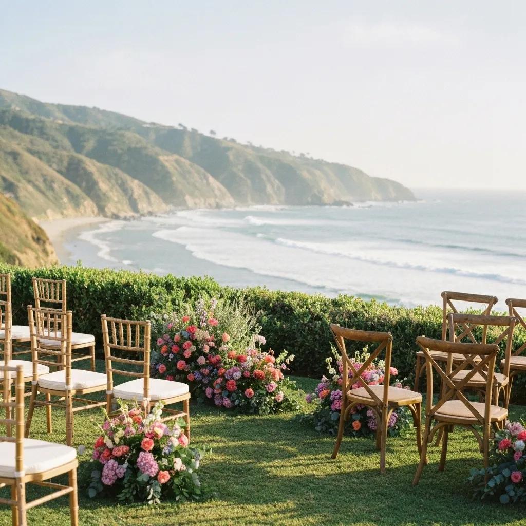 Elegant outdoor wedding setup in Ventura with specialty chairs enhancing the ceremony's visual appeal