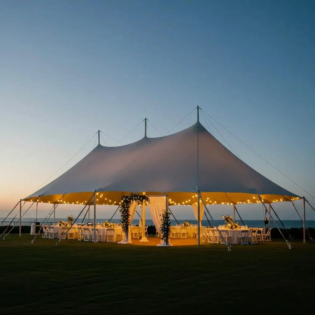 Elegant sailcloth wedding tent with soft draping and warm lighting in a coastal Ventura setting