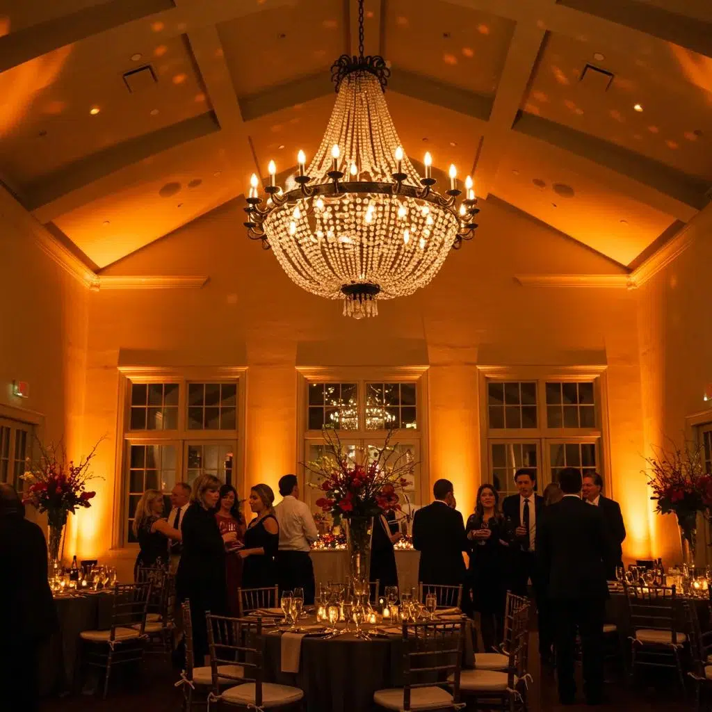 Elegant statement lighting at a Ventura holiday party with a large chandelier and warm ambiance