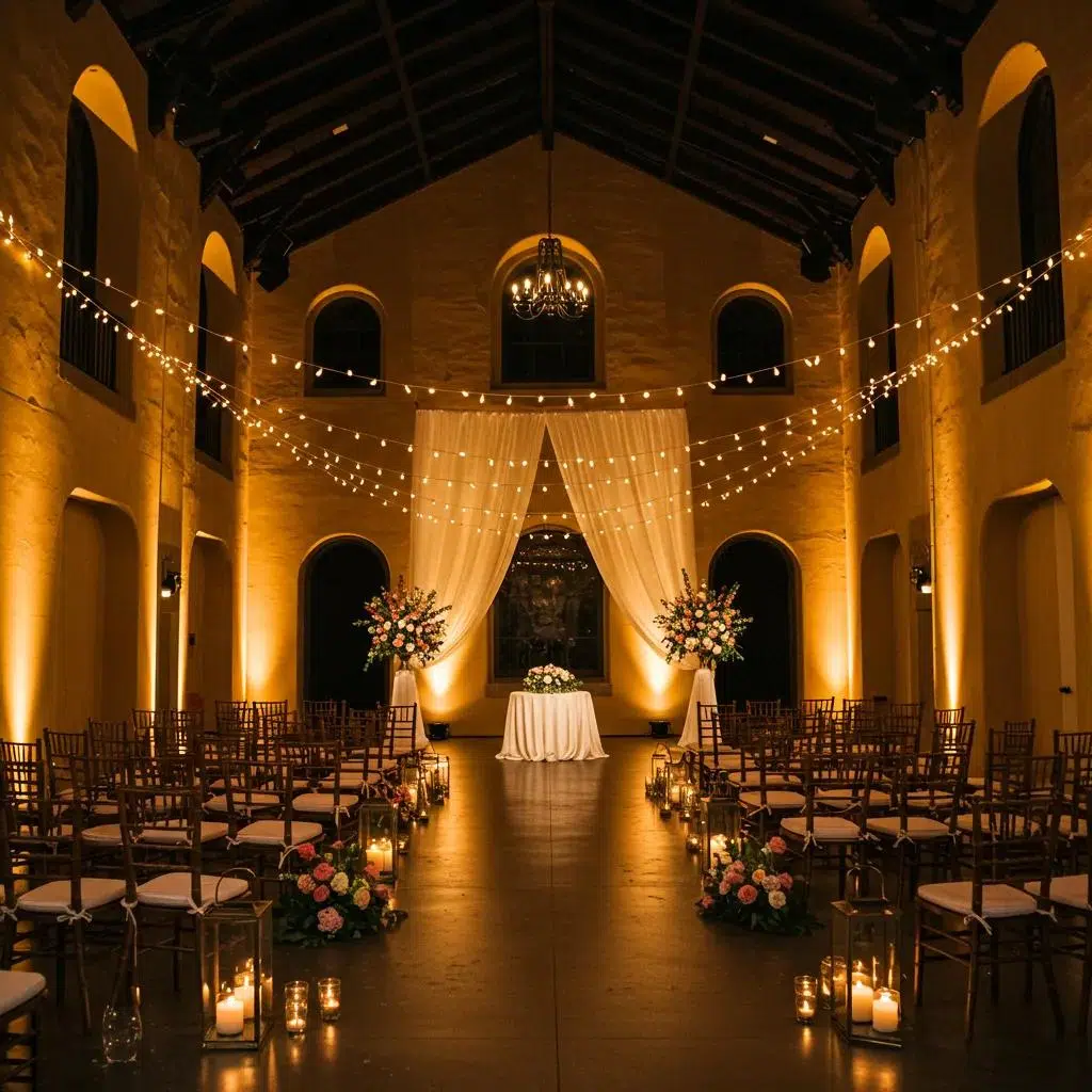Elegant wedding ceremony in Camarillo with uplighting and fairy lights creating a romantic atmosphere