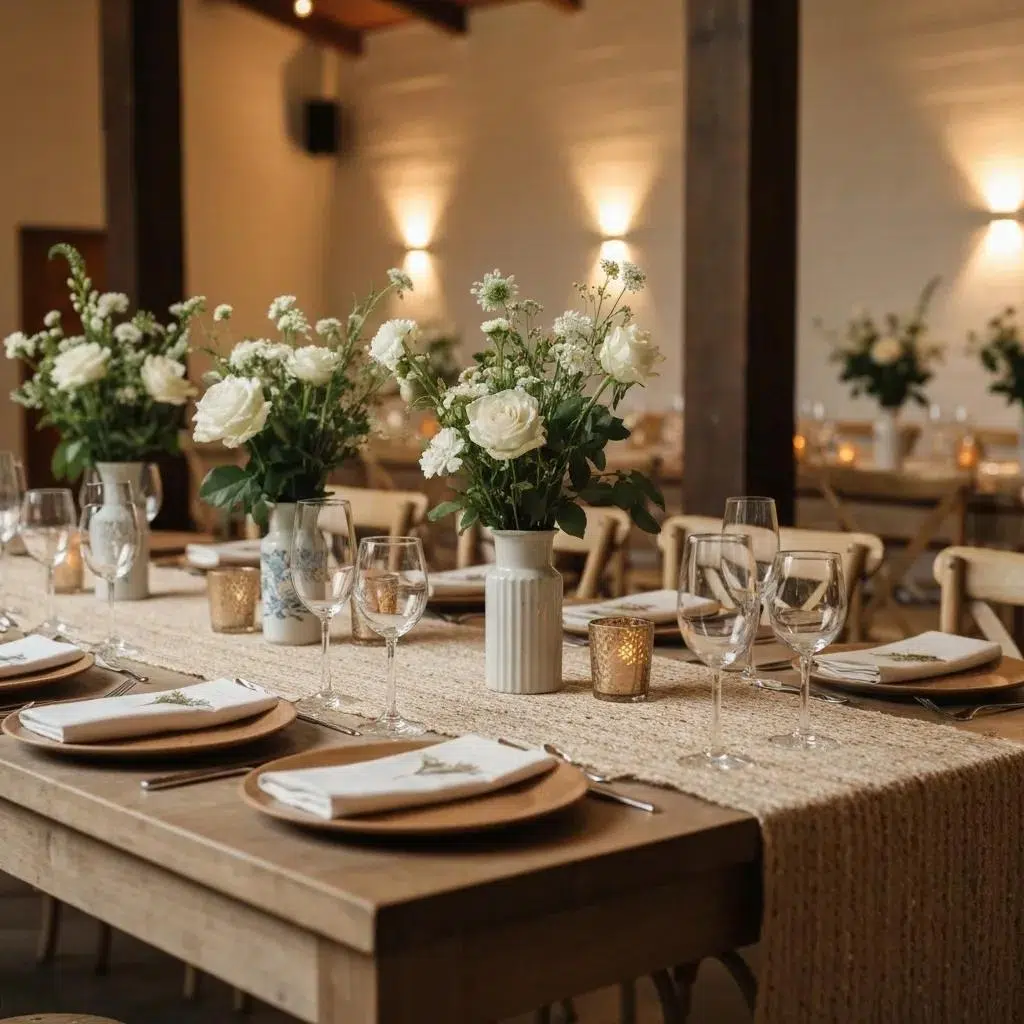 Elegant wedding table setup with sustainable linens, showcasing natural fiber runners and reusable napkins in a beautifully decorated setting