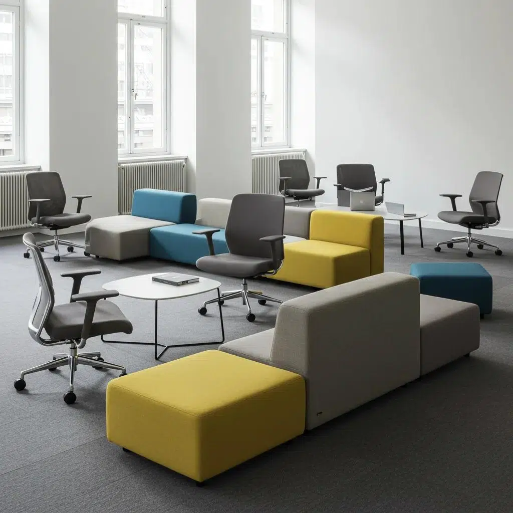 Ergonomic chairs and modular lounge sections for flexible corporate seating