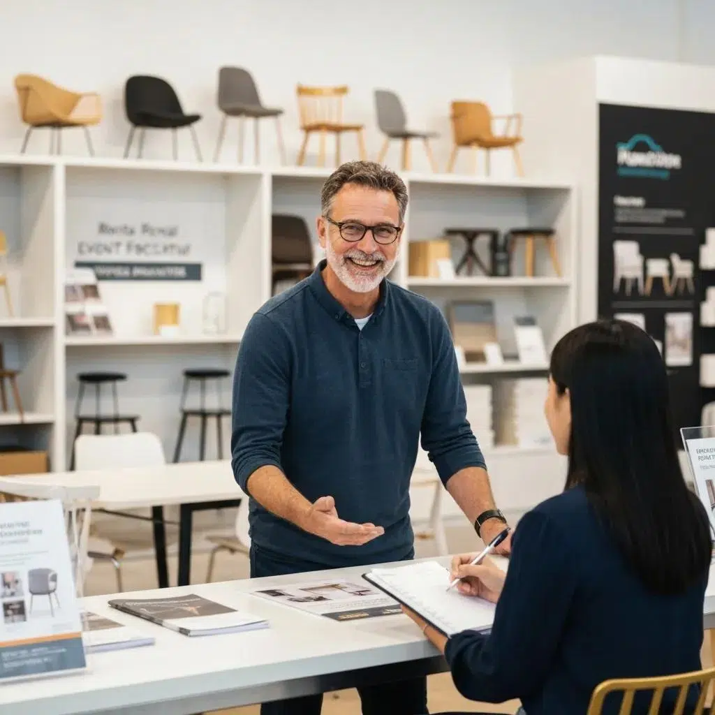 Event rental specialist assisting a client with multi-purpose furniture options, illustrating the rental process